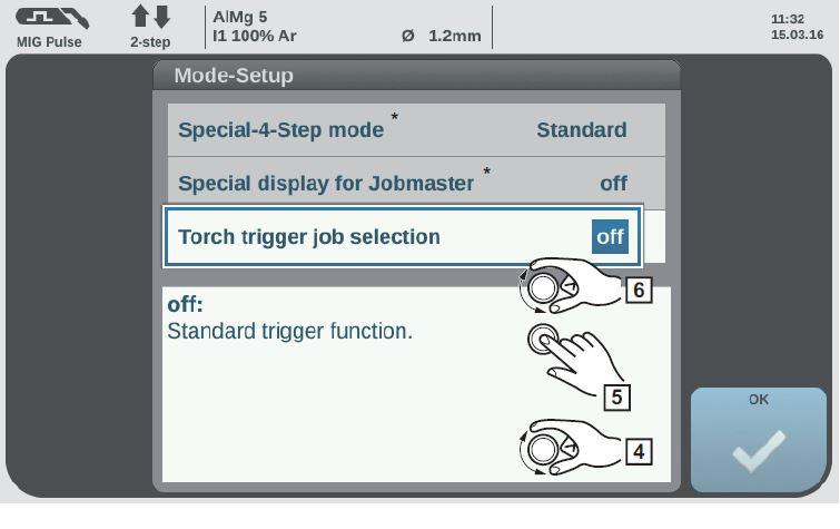 Jobbval med avtryckare & OPT/i GUN Om utrustningen har tillvalet OPT/i GUN trigger installerat, kan specialfunktioner för Job- Master brännare ställas in under Förinställningar >