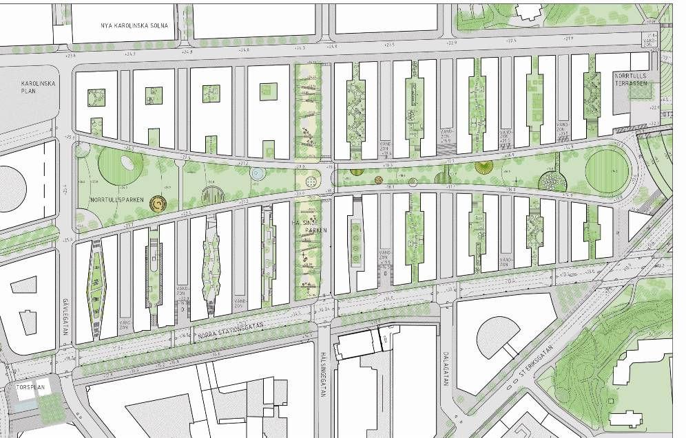 10 (18) S-Dp 2009-02013-54 markhöjd av +25 m vid Gävlegatan och +6 m vid Norrtull. Den bildar en grön länk mellan Hagaparken- Bellevue-parken och Karlbergs Slottspark.