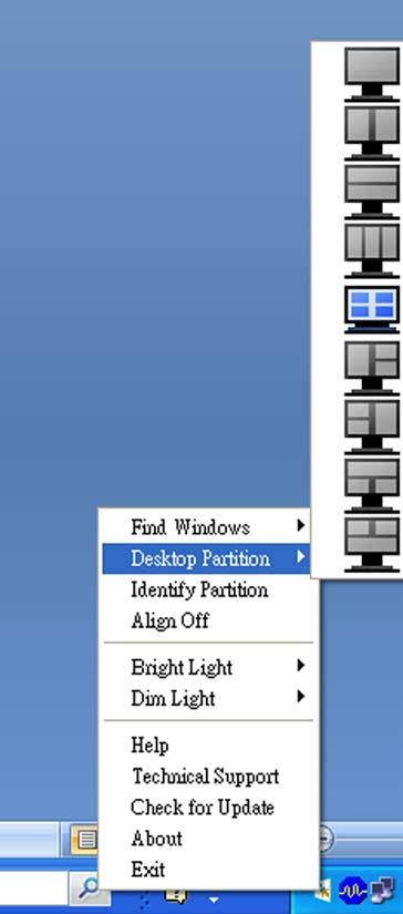 3. Bildoptimering Vänsterklicksmenyn Vänsterklicka på ikonen Skrivborduppdelning för att snabbt skicka det aktiva fönstret till någon del utan att behöva dra och släppa.