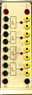 Laboration 1 Sidan 2 SNÄLLA NI SKRIV INTE PÅ LAB-MODULERNA o peka ej med pennor på dem. Studera AND-modulen som innehåller fyra 2-ingångars AND-grindar. Grindarna har gröna bananhylsor på ingångarna.