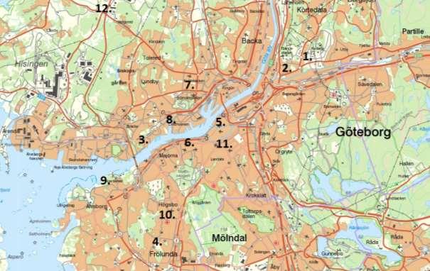 Utvecklingsprojektet SIMULERINGAR Karta över simuleringarna: 1. Alivallen, 2. Artillerigatan, 3. Bratteråsparken, 4. Järnbrott, 5.