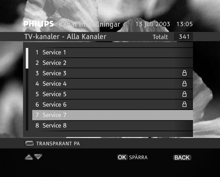 8.1.4 Låsa en kanal Funktionen Spärra kanaler låter dig markera och låsa kanaler. När du har valt Spärra kanaler i alternativet Ändra visas den valda kanallistan.