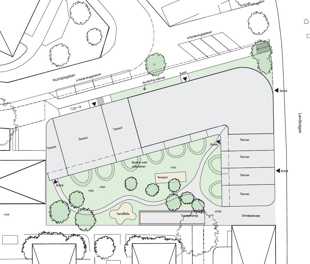 Föreslagen situationsplan (Tham&Videgård Arkitekter). Teknisk försörjning El, vatten och avlopp Den föreslagna flerbostadsbebyggelsen ska anslutas till befintliga el-, vatten- och avloppsledningar.