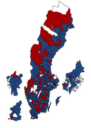 34 (42) Karta över vilka kommuner som erbjuder omsorg på obekväm tid under 2016 Blå kommuner erbjuder omsorg på