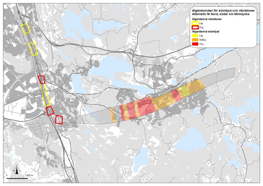 Figur 29 Åtgärdbehov och nivåer längs huvudbana för stomljud och vibrationer, Alternativ Mölndal Nord söder om Mölnlycke.