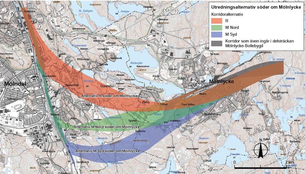 Figur 3 Utredningskorridorer för Alternativ söder om Mölnlycke För Alternativ Raka vägen har fokus varit kortast möjliga restid.