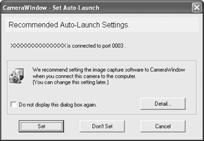 Diverse funktioner 6 Klicka på [Set/Ställ in] i fönstret [CameraWindow - Set Auto-Launch/ Kamerafönster ställ in automatisk
