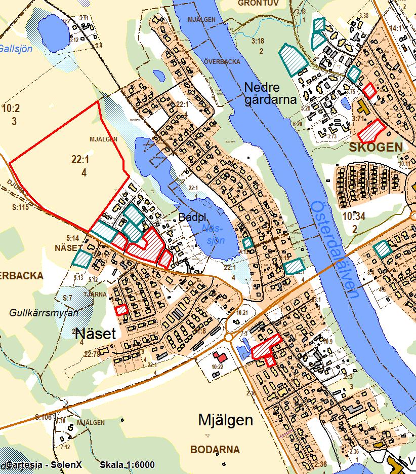 9 Djurås delen väster om älven I området väster om Österdalälven har kommunen lediga tomter intill Nässjön. Infrastrukturen i from av vägar, vatten och avlopp är utbyggd.