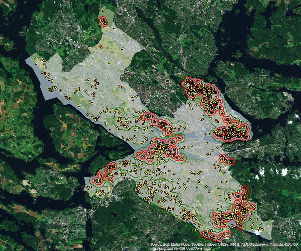 Figur 5. Ekkärnområden enligt Miljöförvaltningen (Mörtberg m.l. 2007). Det aktuella området vid Trekanten är markerat med en blå pil.