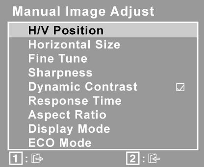 VESA 1920 x 1080 @ 60 Hz (rekommenderas) innebär att upplösningen är 1920 x 1080 och repetitionsfrekvensen är 60 Hertz. Manual Image Adjust (Bildstä llningens) visar menyn Manual Image Adjust. H./V.