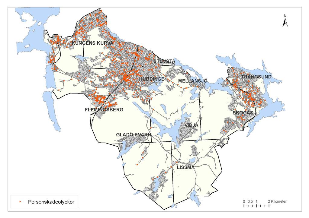 Figur 6. Karta över var olyckorna inträffar på det kommunala vägnätet i Huddinge kommun år 2009-2011.