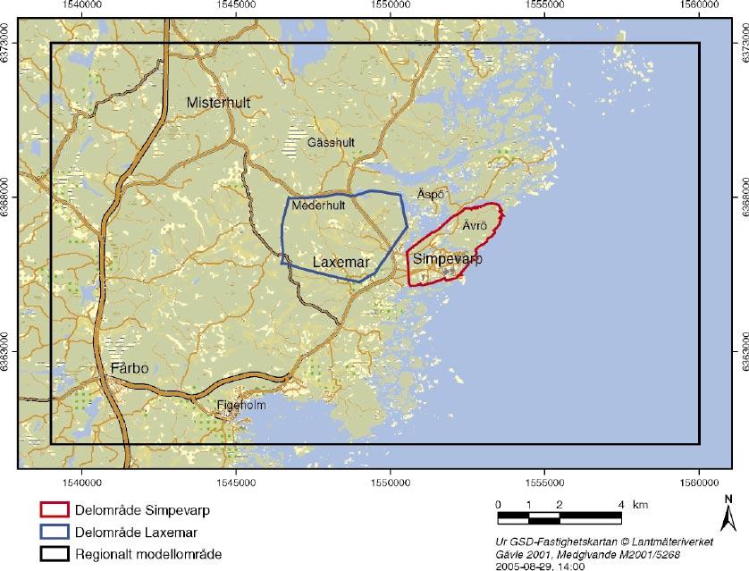 Figur 1-2. Karta som visar gränserna för det regionala modellområdet och delområdena Simpevarp och Laxemar vid SKB:s platsundersökningar i Oskarshamn.
