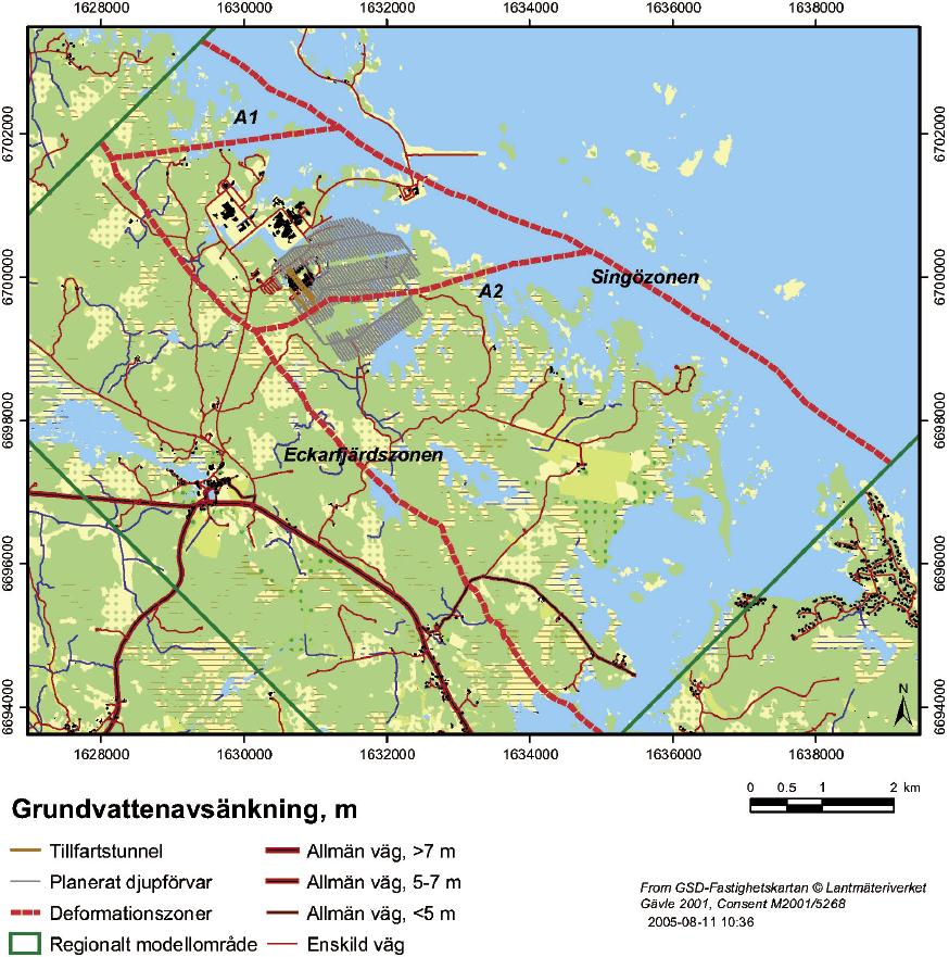 Figur 3-6. Tolkad utsträckning i plan för sprickzonerna Singözonen, Eckarfjärdszonen, A1 och A2.
