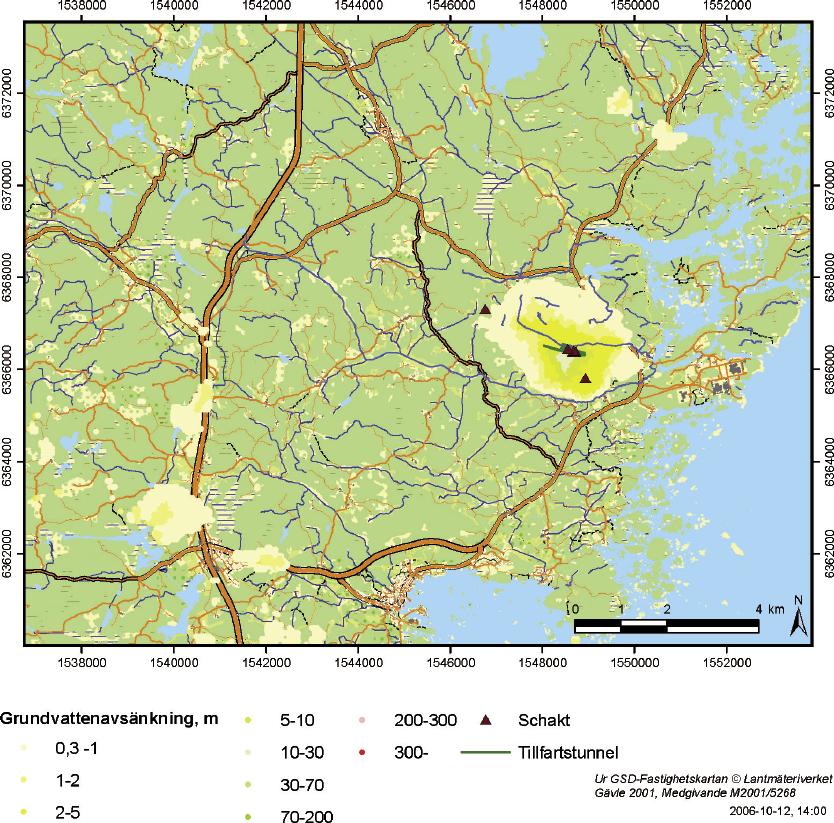 Figur 5-6. Grundvattenytans avsänkning (m) kring slutförvar Laxemar, beräknad med DarcyTools /Svensson 2006/.