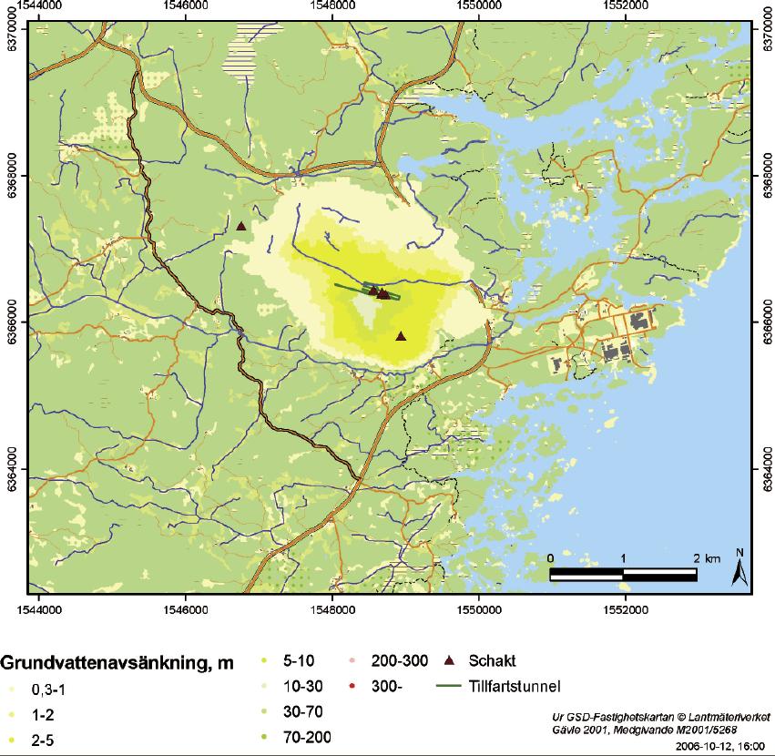 Figur 5-7. Förstorad bild av grundvattenytans avsänkning kring förvaret (jmf. figur 5-6). Tabell 5-3.