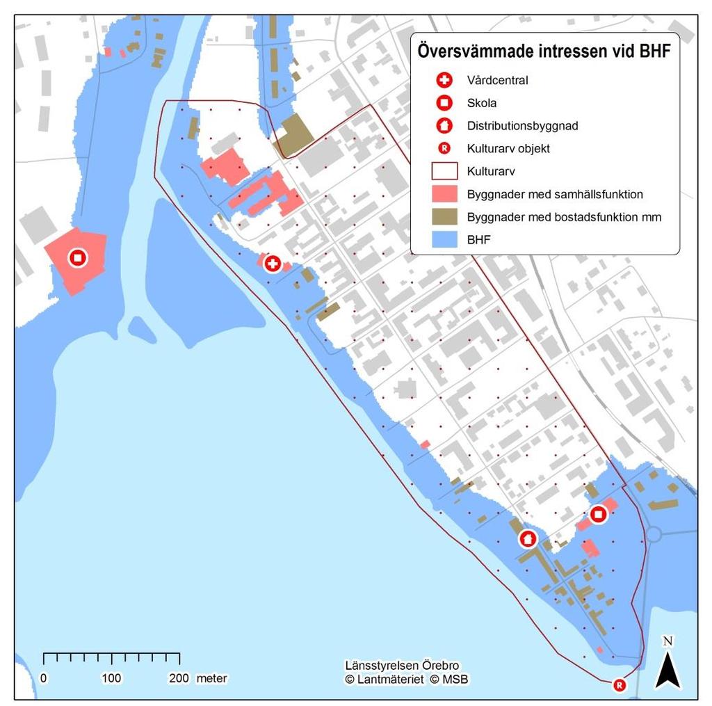 Figur 5. Intressen i Lindesbergs centrum som påverkas av BHF. Vattenskyddsområdet Rya och Lindesbergsåsen som är skyddad enligt VFF är ej utmarkerad. 4.2.