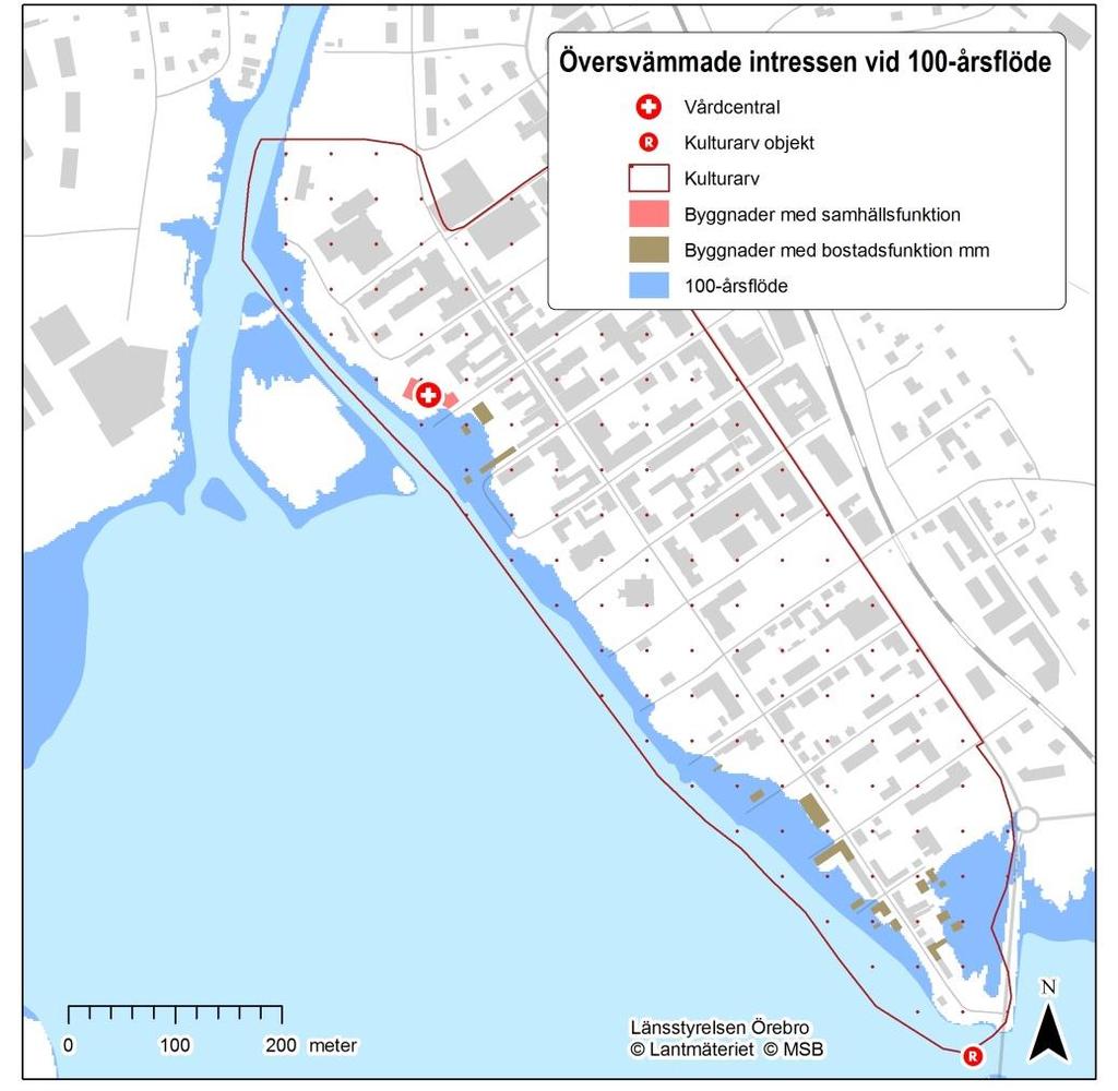 Figur 9. Intressen i Lindesbergs centrum som påverkas av 100-årsflödet. Vattenskyddsområdet Rya och Lindesbergsåsen som är skyddad enligt VFF är ej utmarkerad. 4.3.