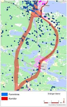 Figur 7.9.1-5. Fornminnen längs studerad korridor för norra delen av etappen Enånger- Idenor. Figur 7.9.1-6. Fornminnen längs studerad korridor för etappen Idenor-Stegskogen. 7.9.2.