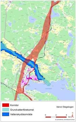 11.1-2. Grundvattenförekomst Iggesundsåsen samt vattenskyddsområde i förhållande till studerad järnvägskorridor Enånger-Idenor.