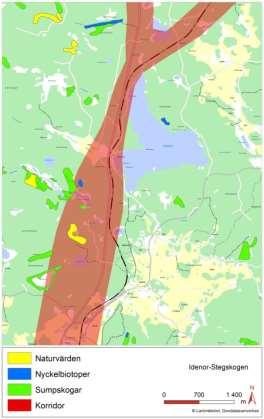 Figur 7.7.1-13. Naturvärden i form av olika skogliga värden längs delsträcka norr om Hudiksvall. Figur 7.7.1-14. Naturvärden i form av olika skogliga värden längs delsträcka Idenor- Stegskogen.