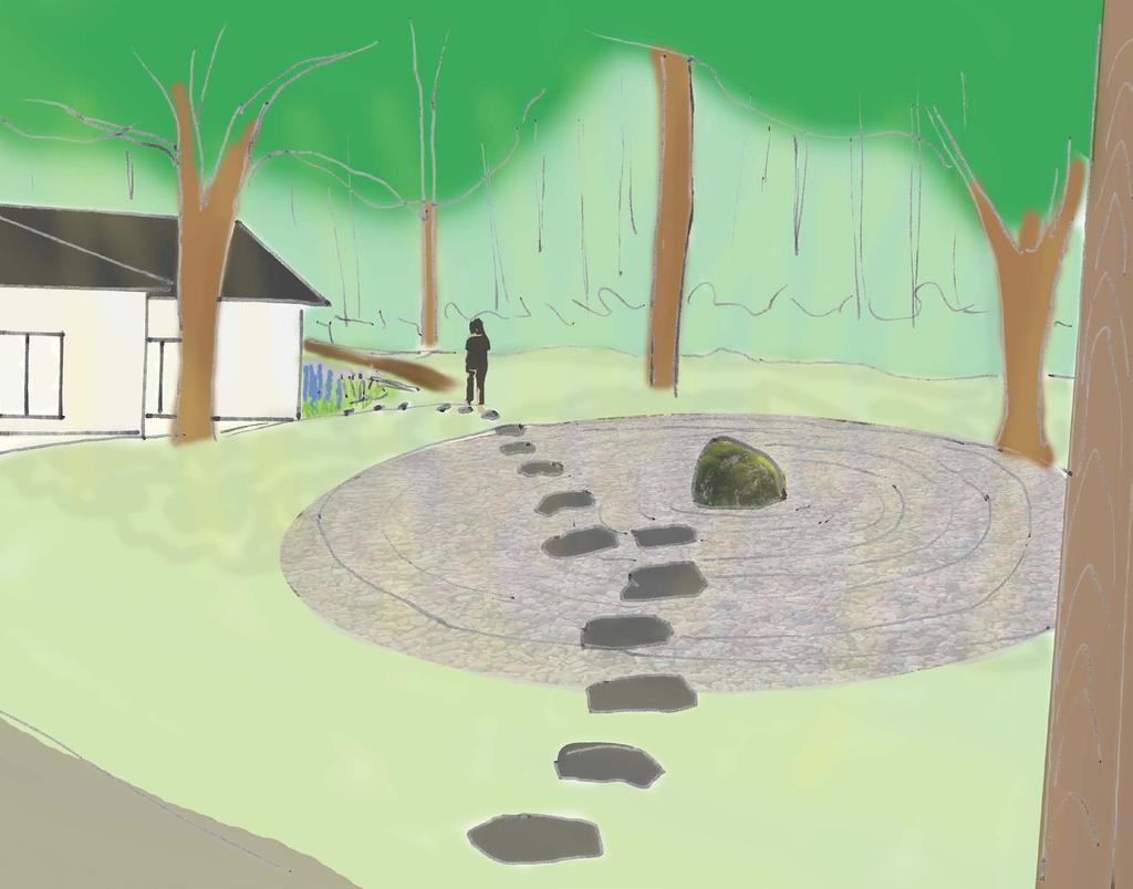 förändringar En stengång med steppingstones läggs kors över platsen och leder från kapellet mot baksidan. Runt en befintlig sten på platsen anläggs en cirkel av krattat grus med en 5 meters radie.