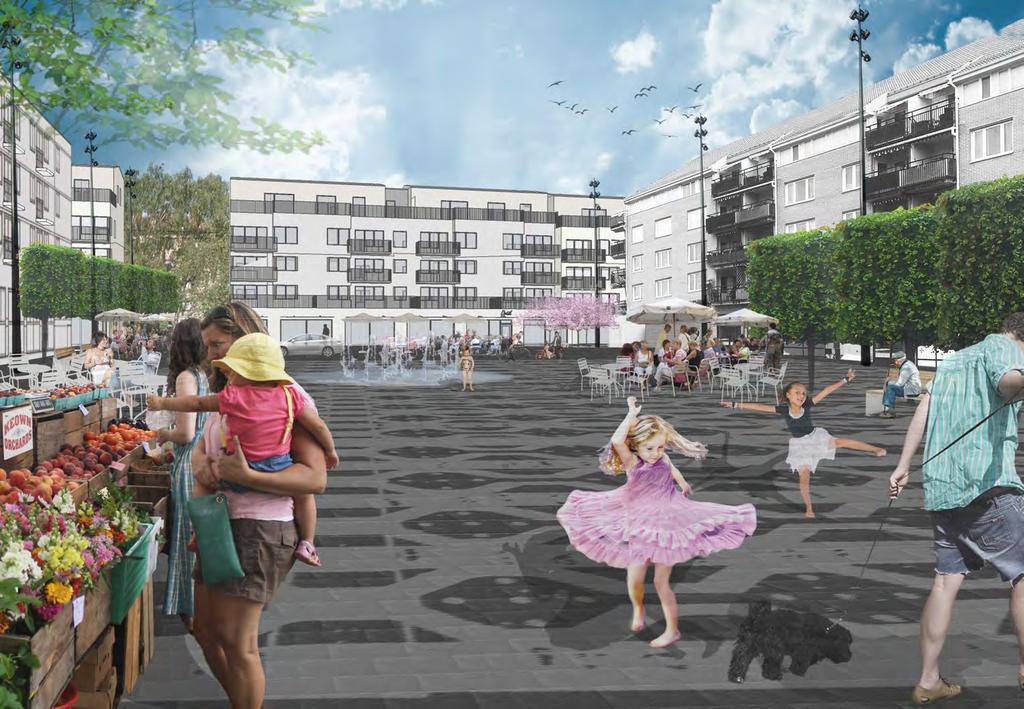 Vattenspelet ligger fritt och öppet mitt på torget.