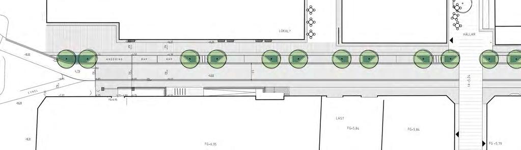 Kortare trappor kan vända sig ut mot gatan medan längre måste vinklas parallellt med fasader för att inte sticka ut i gångstråket. BERGMANSGATAN Nedsänkta planteringar, s.k. regnträdgårdar, blir ett karaktärsfullt inslag i gaturummet.