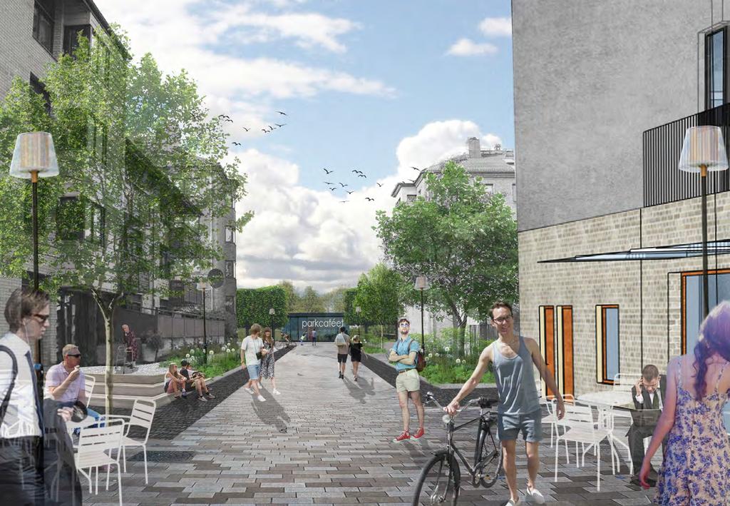 Medborgarestigen, Torgstigen och Bergmansgången förslag - material och principer Gångyta av släta hällar lika gågatorna ramas in med