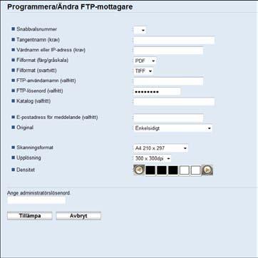 Registrera skanningsmottagare Post Inställning Beskrivning Original (endast SP 325SNw och SP 325SFNw) Skanningsformat Upplösning Densitet Valfritt Valfritt Valfritt Valfritt Välj vilka sidor av