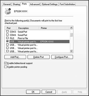 3. För Windows Me eller 98 väljer du USB-porten EPUSBX:(skrivarens namn) i listrutan Print to the following port (Skriv ut till följande port).