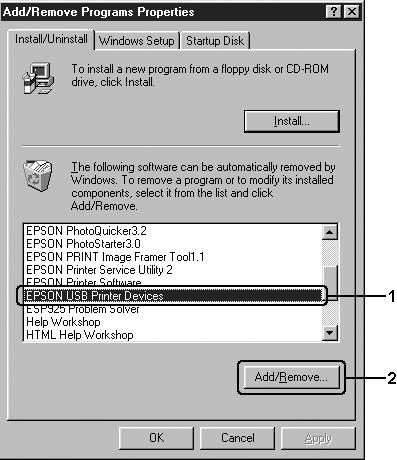 2. Välj EPSON USB Printer Devices (EPSON USB-skrivarenheter) och klicka sedan på Add/Remove (Lägg till/ta bort). Anmärkning!