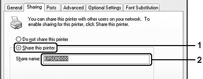 Om operativsystemet för skrivarservern är Windows XP eller Server 2003 väljer du Share this printer (Dela den här skrivaren) och skriver sedan in namnet i rutan Share name (Resursnamn). Anmärkning!