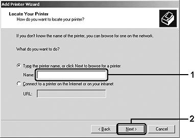 . För Windows 2000 skriver du in namnet på den delade skrivaren och klickar sedan på Next (Nästa). Anmärkning!