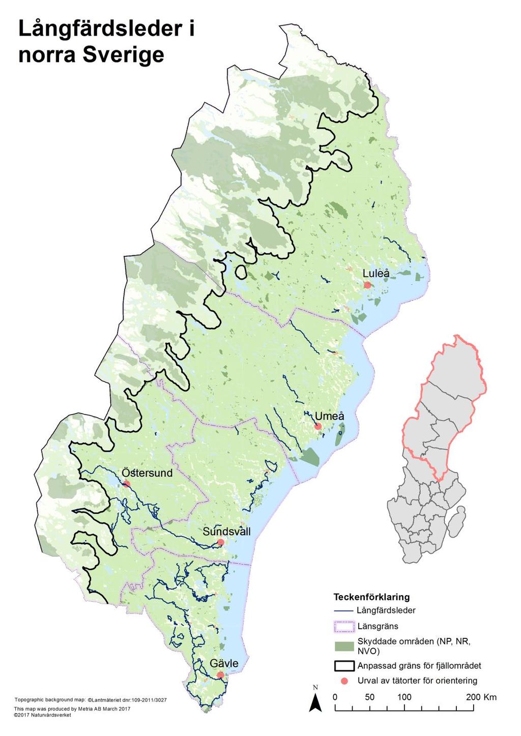 Karta 2. Långfärdsledernas* utbredning nedom fjällområdet** i norra Sverige.