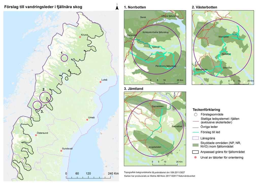 Karta 12. Förslagsområden på vandringsleder i fjällnära skog. Kartan visar även på utbredningen av övriga leder*, det statliga ledsystemet i fjällen och skyddade områden i fjällområdet**.