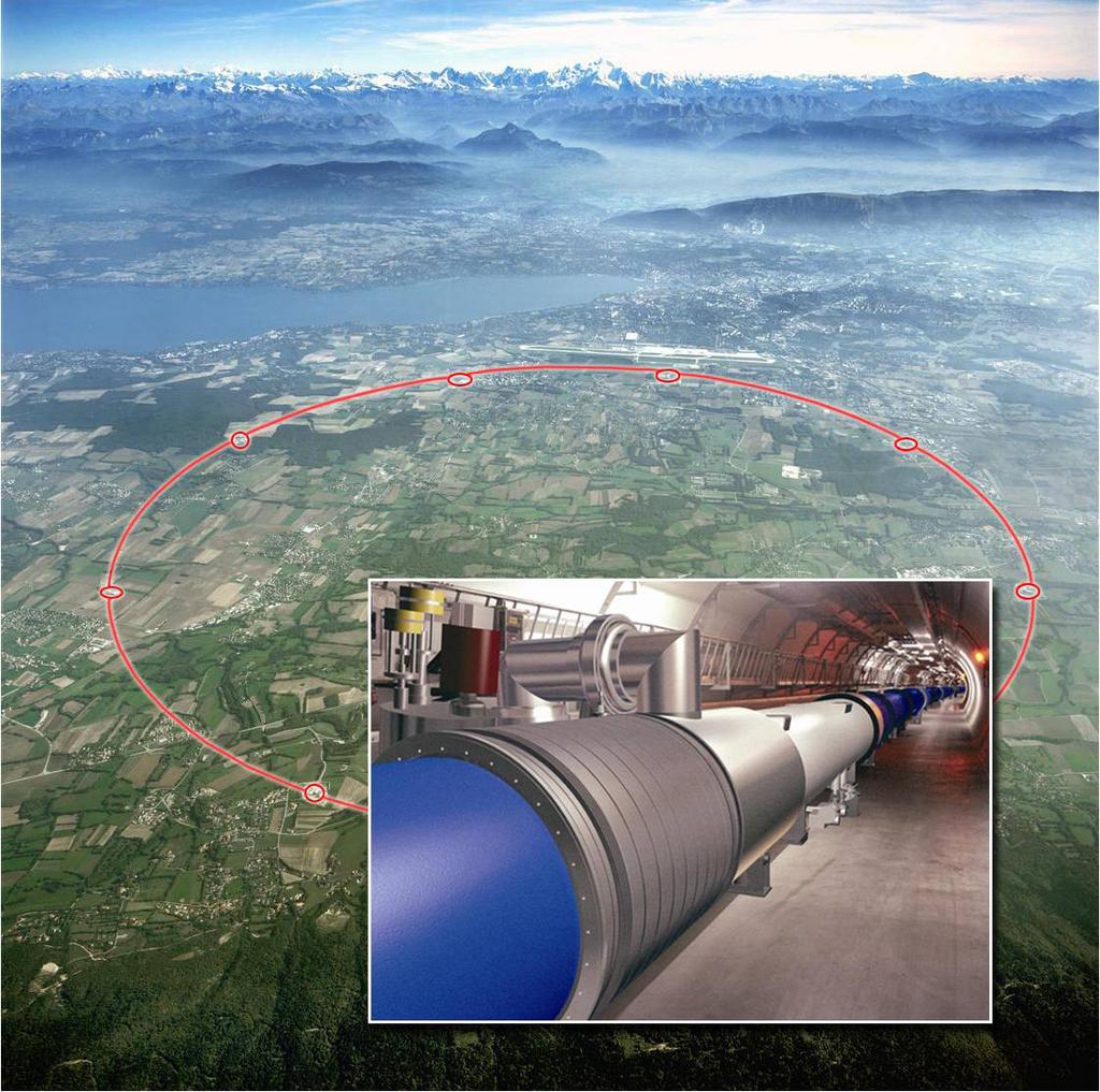 Figur. 1: Strax utanför Genève, med Alperna i bakgrunden, ligger CERN med Large Hadron Collider i den 27 kilometer långa tunneln ca 100 meter under markytan.