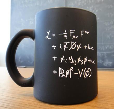 Dess väsentliga delar kan i matematiskt starkt komprimerad form rymmas på en kaffekopp; termer med F eller D innehåller gaugefält (foton, W, Z, gluon), termer med ψ innehåller fermioner (kvarkar,