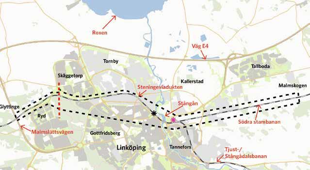 7. RIKSINTRESSEN 59 Kartan redovisar den kompletterande järnvägsutredningens utredningsområde. Trafikverket 2014.
