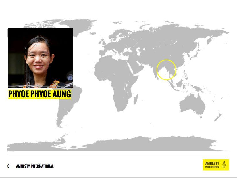 7. Phyoe Phyoe Aung Phyoe Phyoe Aung från Burma studerade till civilingenjör och var engagerad som studentledare när hon fängslades av politiska skäl 2008.