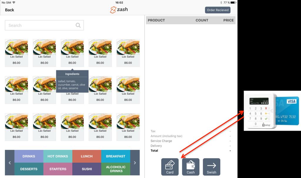 Ni kan integrera kort terminaler till kassan genom instrument panelen Settings & Payments. Just nu stödjer Zash SumUp och Nets terminaler för integrering.