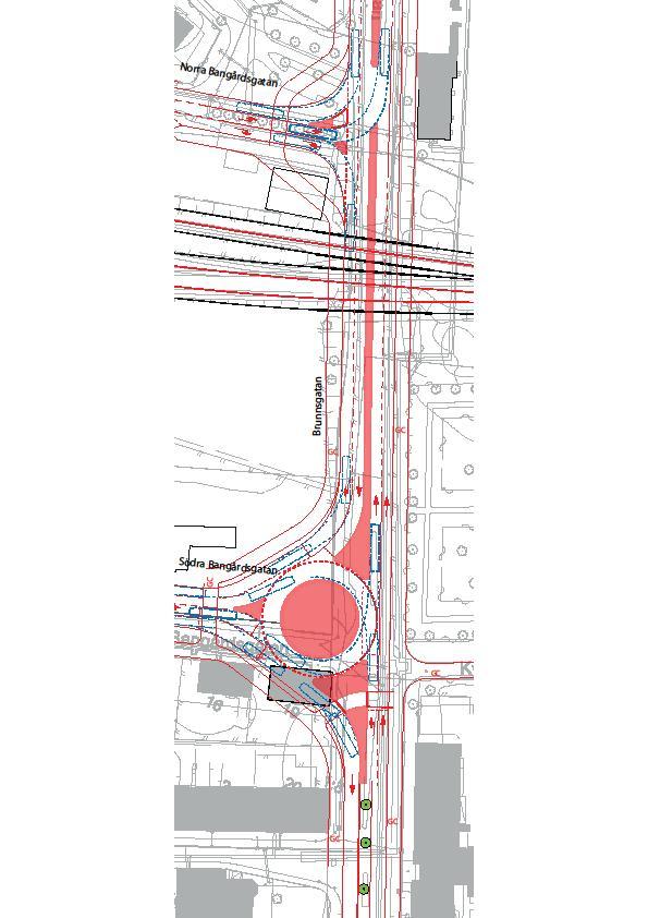 4.3 Alternativ utformning Alternativet innebär att korsningen Brunnsgatan / Södra Bangårdsgatan utformas som cirkulationsplats.