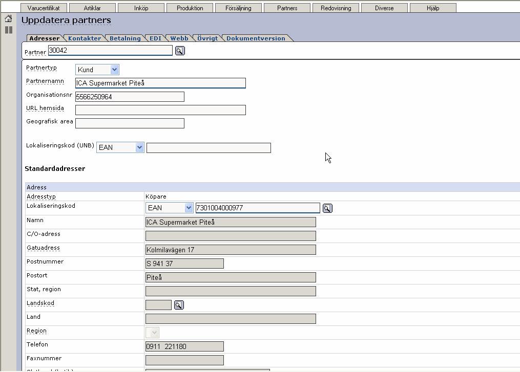 Senast uppdaterat: 07-10-0202 Exder efaktura sida 13 av 29 Ni lägger upp en partner med ett partnernummer som motsvarar ICAs butiksnummer. I exemplet ovan är butiksnumret 30042.