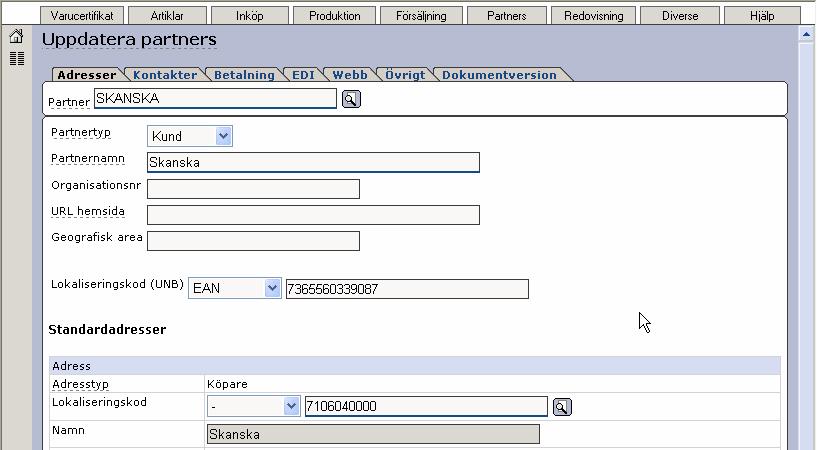 Senast uppdaterat: 07-10-0202 Exder efaktura sida 26 av 29 Gå till rutinen Uppdatera partners och skapa en ny partner SKANSKA. Fyll sedan i UNB och köparadressen enligt exemplet ovan.