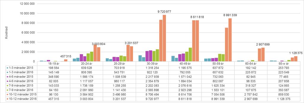 Ekonomiskt bistånd totala kostnader per ålderskategori 2015-2016 Bilden visar totala kostnader - ekonomiskt bistånd inom respektive ålderskategori år 2016 och 2015, samt antal månader med utbetalt