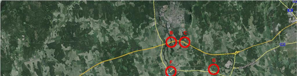 Figur 3. Konfliktpunkter längs med E18 Köping - Västjädra samt för omledningsväg.