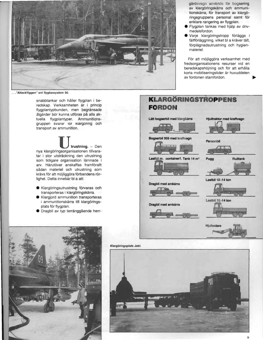 Klargöringsutrustning förvaras och transporteras i klargöringskärra. Klargjord ammunition transporteras i ammunitionskärra till klargöringsplats för flygplan.
