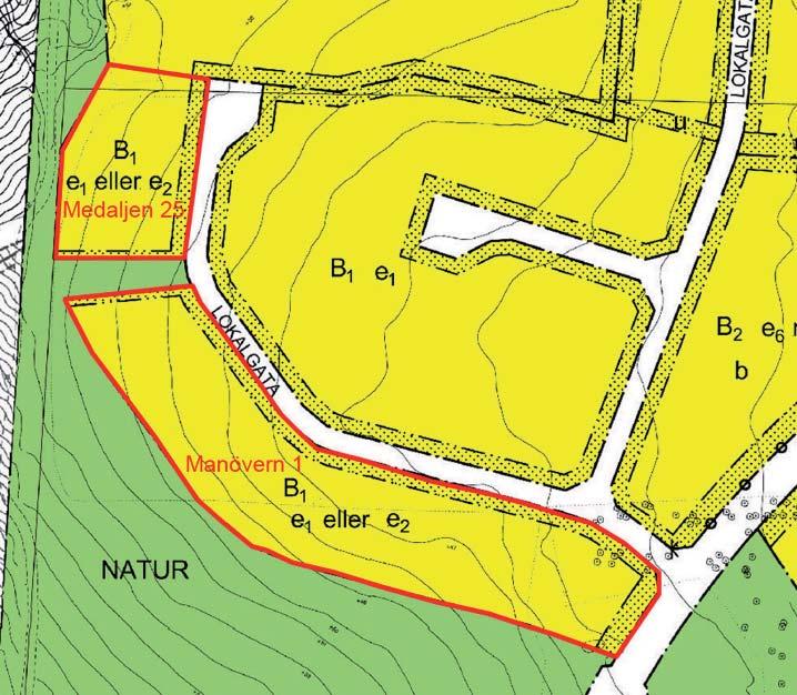 Utdrag ur plankartan med heldragen gräns som markerar område 1 (Medaljen 25), område 2 (Manövern 1) och område 3 (Manteln 1-9).