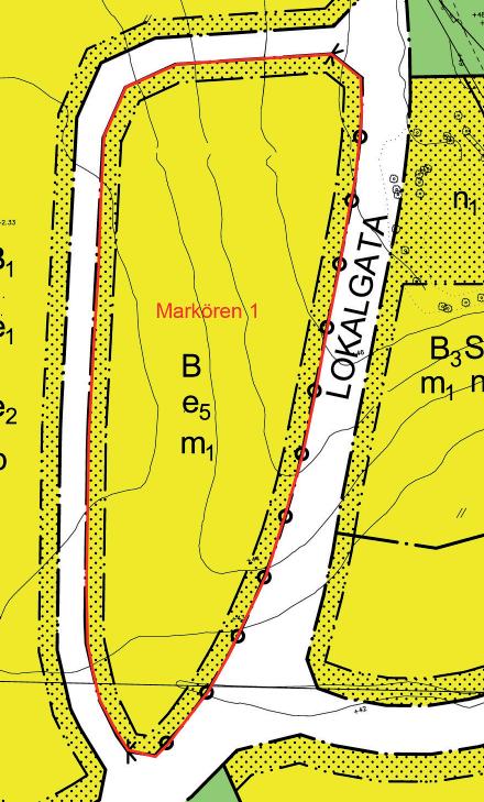 Utdrag ur plankartan med heldragen gräns som markerar område 4 (Markören 1). Område 4 omfattas av fastigheten Markören 1 för vilket gällande plans bestämmelser är B e 5 m 1.