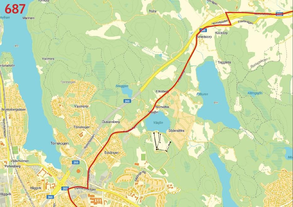 77(83) Figur 18 Föreslagen ny linjesträckning för linje 687, alternativ 2 Linje 660 Vallentuna station västra Ormsta Vallentuna station östra Ny linjesträckning övervägs Gustavslund-Östra