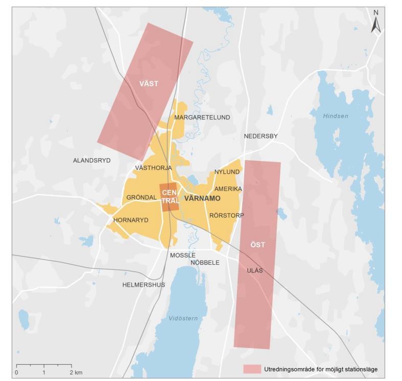 Värnamo, utredningsområde stationer Väst Stationen placeras i anslutning till Kusttill-kust banan eller Jönköpingsbanan.